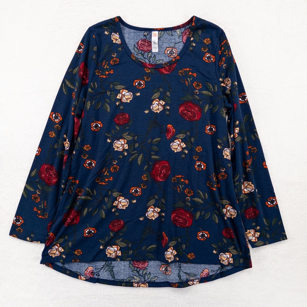 LuLaRoe Top Womens Large Blue Floral Long Sleeve High Low Scoop Neck Casual